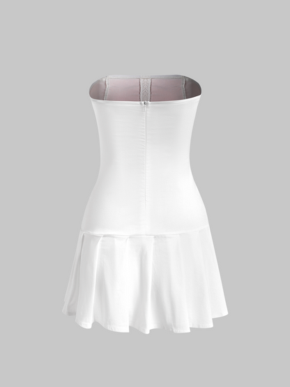 Y2k White Belt Pleated Dress Mini Dress