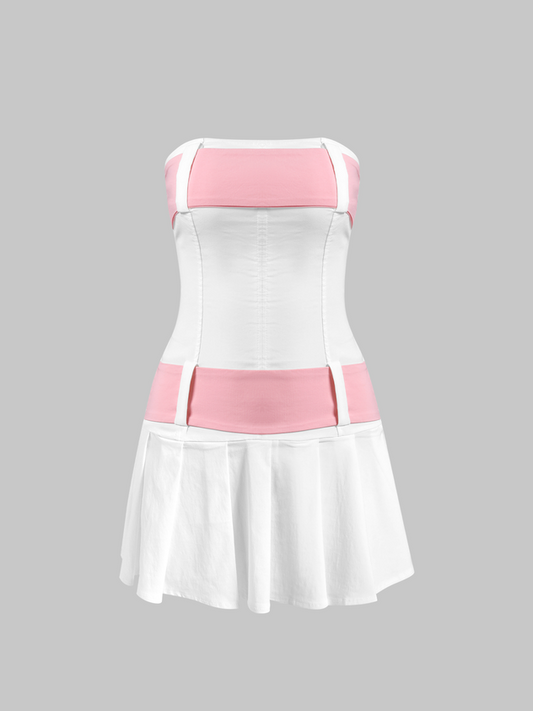 Y2k White Belt Pleated Dress Mini Dress