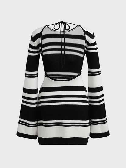 Backless Design Crew Neck Striped Long Sleeve Short Dress