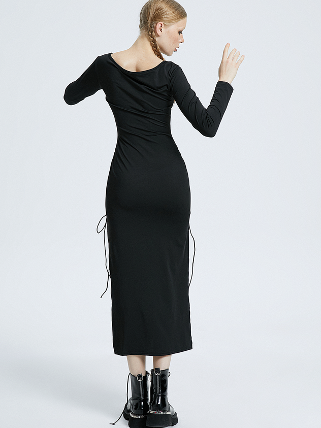 Side Slit V Neck Plain Long Sleeve Maxi Dress