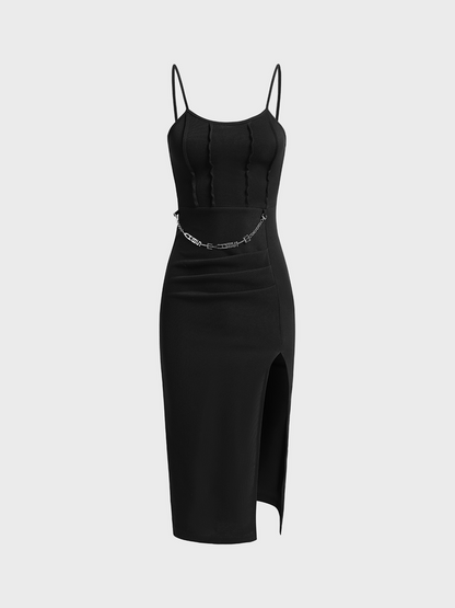 Street Black Side slit Metal chain Dress Midi Dress