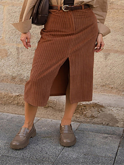 Women's Skirt Long Skirt Midi Polyester Corduroy Brown Skirts Winter Pocket Split Ends Fashion Casual Street Daily S M L