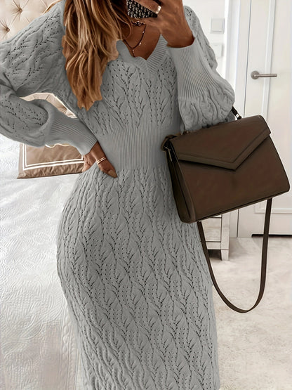 Chic Warm V-Neck Midi Sweater Dress - Hollow Detail, Semi-Sheer Elegance, Perfect for Fall/Winter