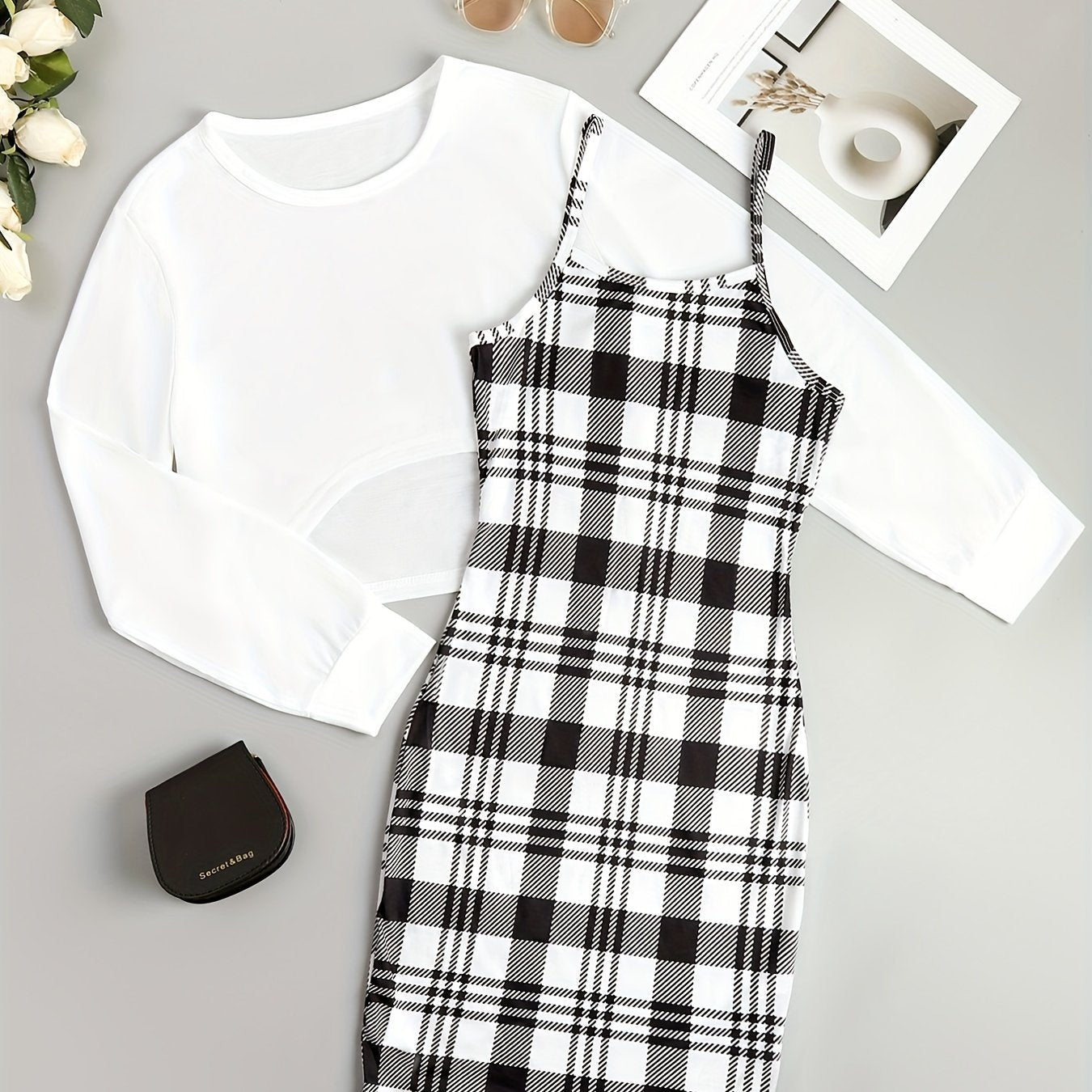 Chic Womens Two-Piece Dress Set - Fashionable Asymmetrical Hem Crop Top & Plaid Cami Dress Outfit - Flattering Long Sleeves, Versatile Casual Wear for Multiple Occasions - Premium Quality