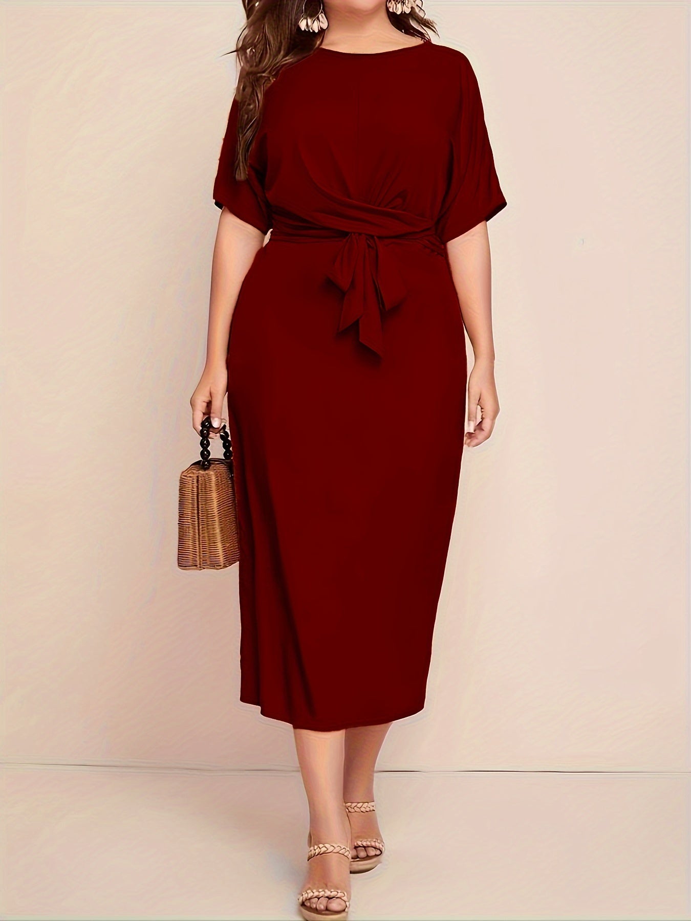 Chic All-Season Elegance: Durable Knit, Non-Sheer Solid Color Dress with Crew Neck, Half-Sleeves, and Flattering Tie Waist