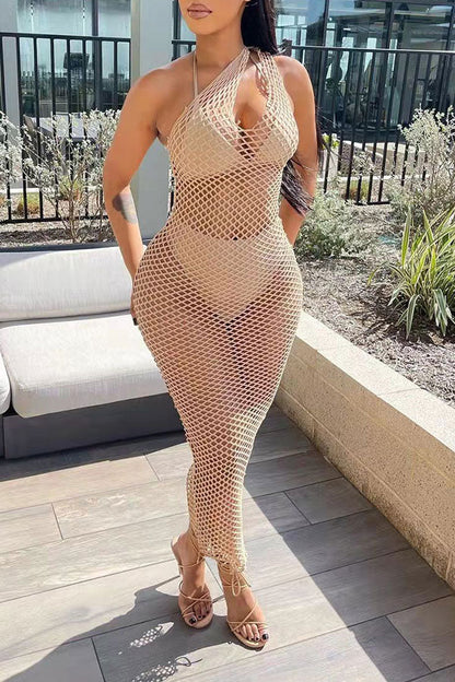 Solid Color Casual Fishnet See-Through Maxi Dress Beachwear