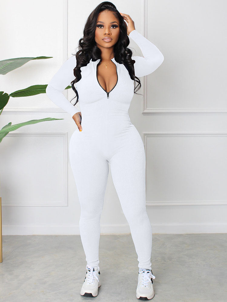 Knit Long Sleeves Zipper Bodycon Jumpsuits