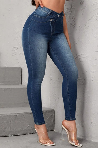 lovwvol  - Deep Blue Casual Solid Patchwork High Waist Skinny Denim Jeans