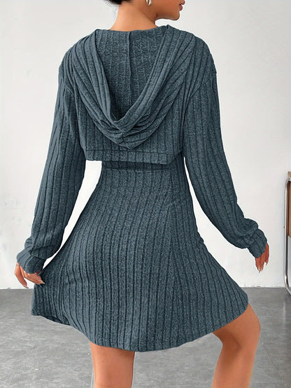 lovwvol Solid Color Ribbed Dress Set, Long Sleeve Hoodie Shrug Top & Sleeveless Square Neck A-line Tank Dress Outfits, Women's Clothing