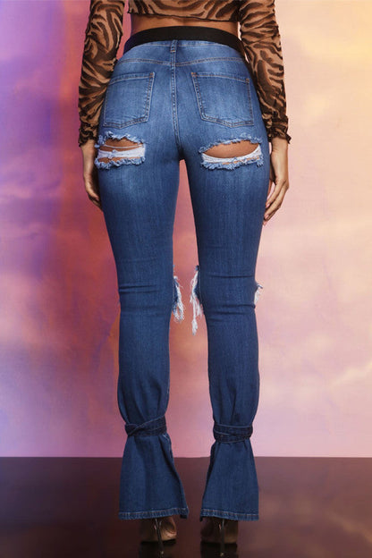 lovwvol  - Blue Fashion Casual Solid Ripped Slit Mid Waist Regular Denim Jeans