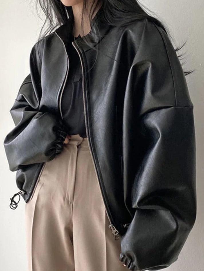 Solid Big Pocket Drawstring Collar Neck Leather Jacket