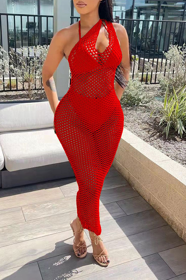 Solid Color Casual Fishnet See-Through Maxi Dress Beachwear