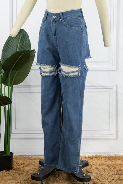 lovwvol  - Blue Casual Solid Ripped High Waist Regular Denim Jeans