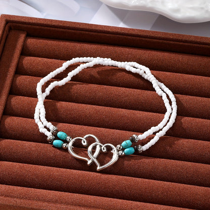 Double Openwork Heart Beaded Anklet Set With Mini Seed Beads Elegant Bohemian Style Elastic Anklet, Perfect Gift For Beautiful Women