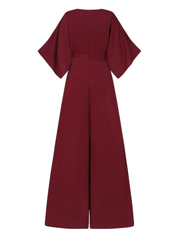 Simple Solid Color V-Neck Half Sleeves Wide Leg Jumpsuits