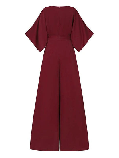 Simple Solid Color V-Neck Half Sleeves Wide Leg Jumpsuits