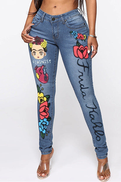 lovwvol  - Light Blue Fashion Casual Print Patchwork Mid Waist Skinny Denim Jeans