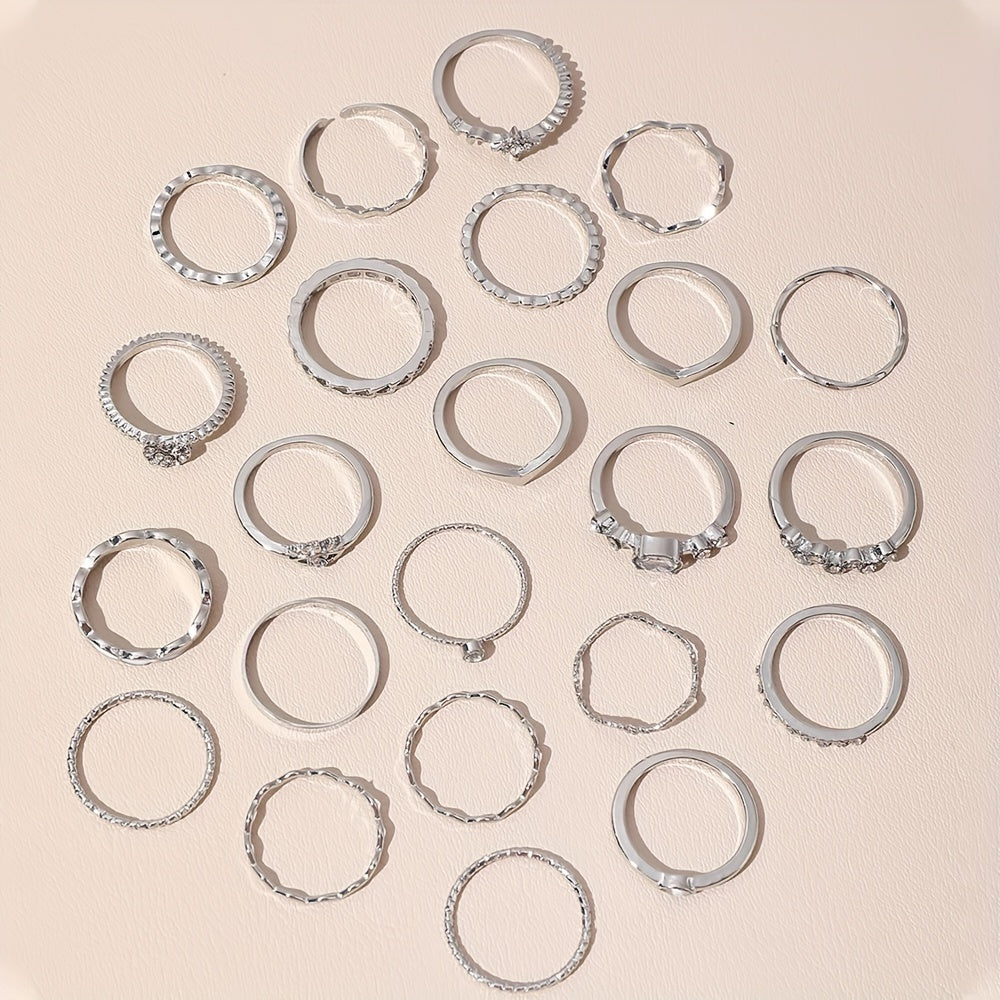 Elegant & Trendy 23pc Mix & Match Ring Set - Geometric, Moon & Star Designs with Rhinestone and White Drip Oil Accents