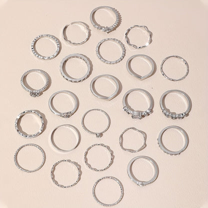 Elegant & Trendy 23pc Mix & Match Ring Set - Geometric, Moon & Star Designs with Rhinestone and White Drip Oil Accents