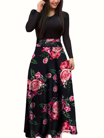 Elegant Floral Maxi Dress: Comfort-Fit, Crew Neck, Easy-Care, Perfect for Spring/Fall - Chic & Durable