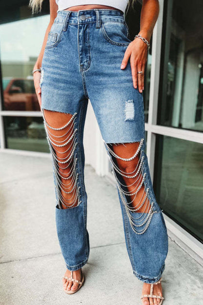 lovwvol  - Light Blue Street Solid Ripped Chains Loose Denim Jeans