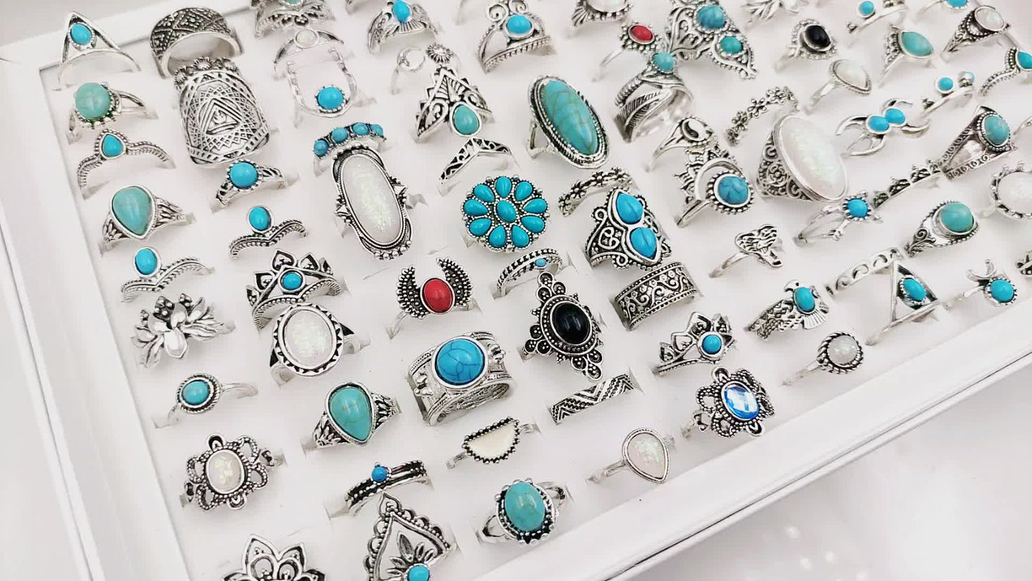 50pc Timeless Vintage Boho Blue Gemstone Ring Set - Diverse Bohemian Designs for Women - Ethnic Cocktail Finger Jewelry Collection