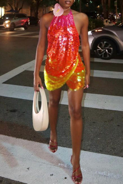 Gradient Sequined Glistening Irregular Mini Dress