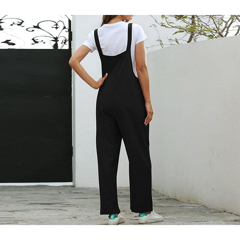 Women's Vintage Athleisure Overalls Rompers Pocket Full Length Pants Casual Weekend Micro-elastic Solid Color 30% Cotton Breathable Mid Waist White Black Orange Navy Blue S M L XL XXL