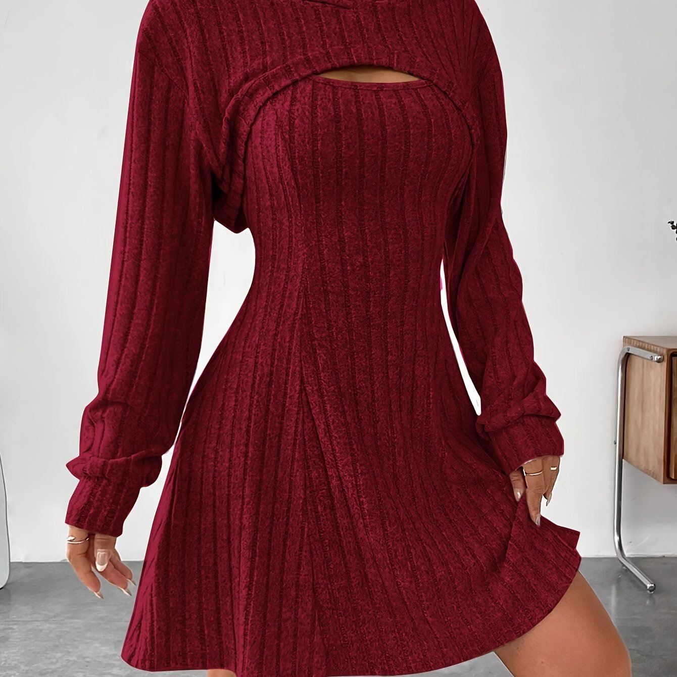 lovwvol Solid Color Ribbed Dress Set, Long Sleeve Hoodie Shrug Top & Sleeveless Square Neck A-line Tank Dress Outfits, Women's Clothing