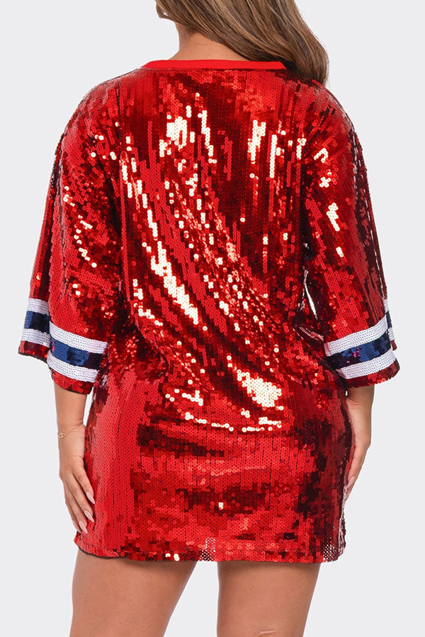 Letter Sequined Oversized Round Neck Mini Dress