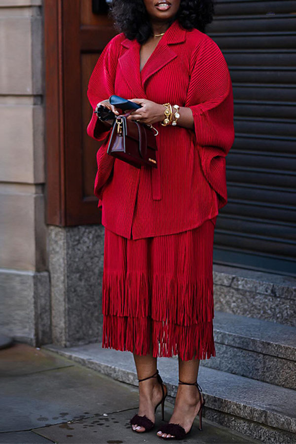 Solid Color Pleated Chic Belted Tassel Dress Suit