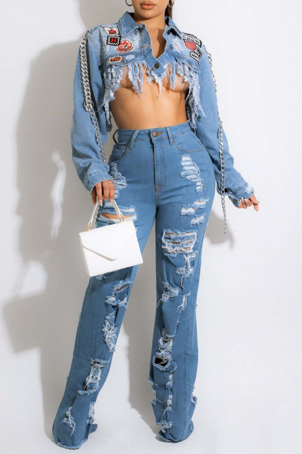 lovwvol  - The cowboy blue Fashion Casual Solid Ripped Patchwork High Waist Regular Denim Jeans