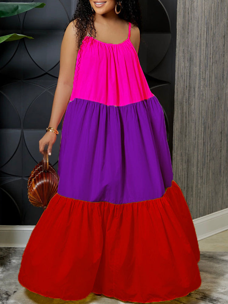 Spaghetti Strap Color Block Maxi Dress