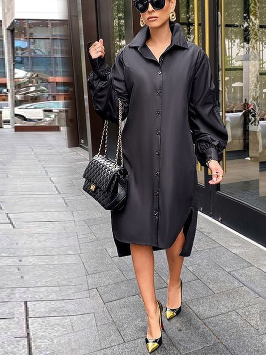 Turndown Collar Long Sleeve Shirt Dress