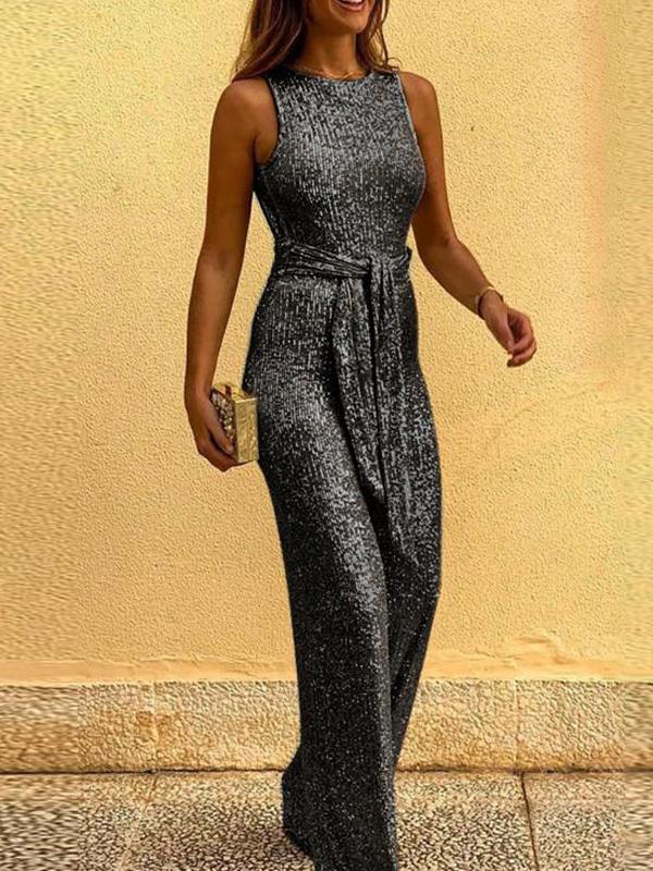 Round Neck Sleeveless Sequin Jumpsuit