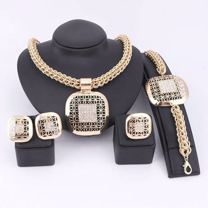 Tone Rhinestone Square Necklace Earrings Bracelet Ring Set, Vintage Ethnic Style Women's Wedding Party Jewelry Gift Set