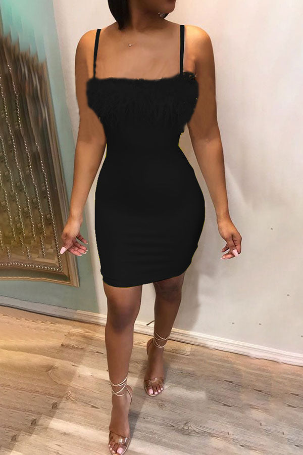 Solid Color Feather Elegant Bodycon Mini Dress