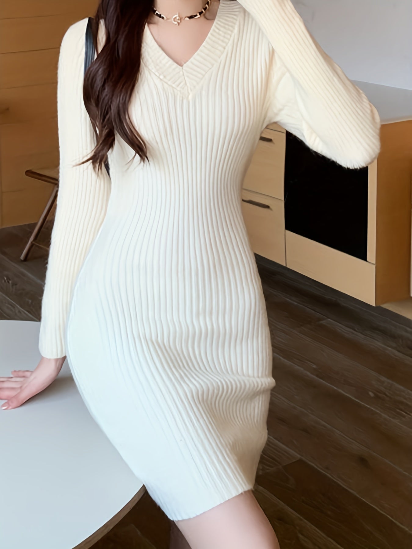 Cozy Solid Knit V-Neck Sweater Dress - Elegant Bodycon Dresses for Women - Long Sleeve, Fall & Winter Essential, Soft, Warm, and Comfortable Clothing