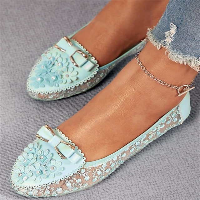 Women's Flats Flat Sandals Comfort Shoes Wedding Daily Summer Flat Heel Round Toe Elegant Casual Faux Leather Loafer Floral White Pink Blue