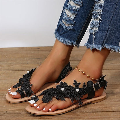 Women's Sandals Boho Bohemia Beach Plus Size Outdoor Beach Flower Flat Heel Cute Elegant Faux Leather Loafer Solid Color Black White