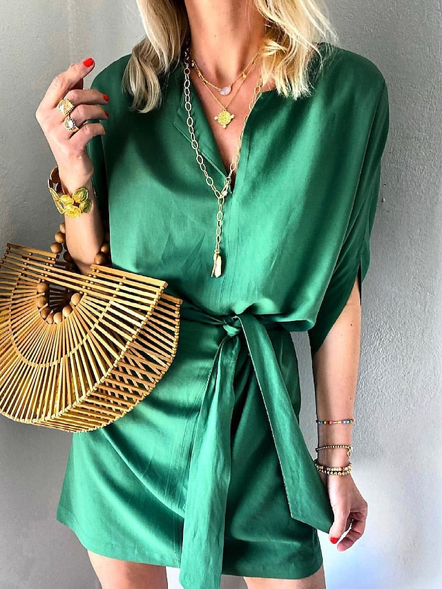 Women's Casual Dress Loose Dress Mini Dress Polyester Fashion Daily Outdoor Daily Vacation V Neck Lace up Half Sleeve Fall Autumn  Loose Fit Green Plain S M L XL