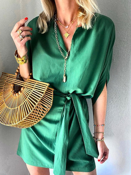 Women's Casual Dress Loose Dress Mini Dress Polyester Fashion Daily Outdoor Daily Vacation V Neck Lace up Half Sleeve Fall Autumn  Loose Fit Green Plain S M L XL