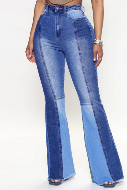 lovwvol  - Blue Casual Patchwork Contrast High Waist Regular Denim Jeans (Subject To The Actual Object)