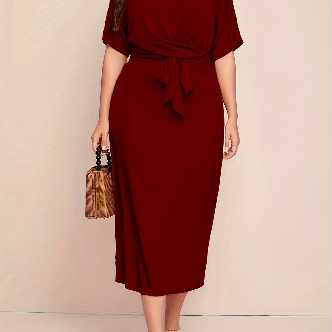 Chic All-Season Elegance: Durable Knit, Non-Sheer Solid Color Dress with Crew Neck, Half-Sleeves, and Flattering Tie Waist