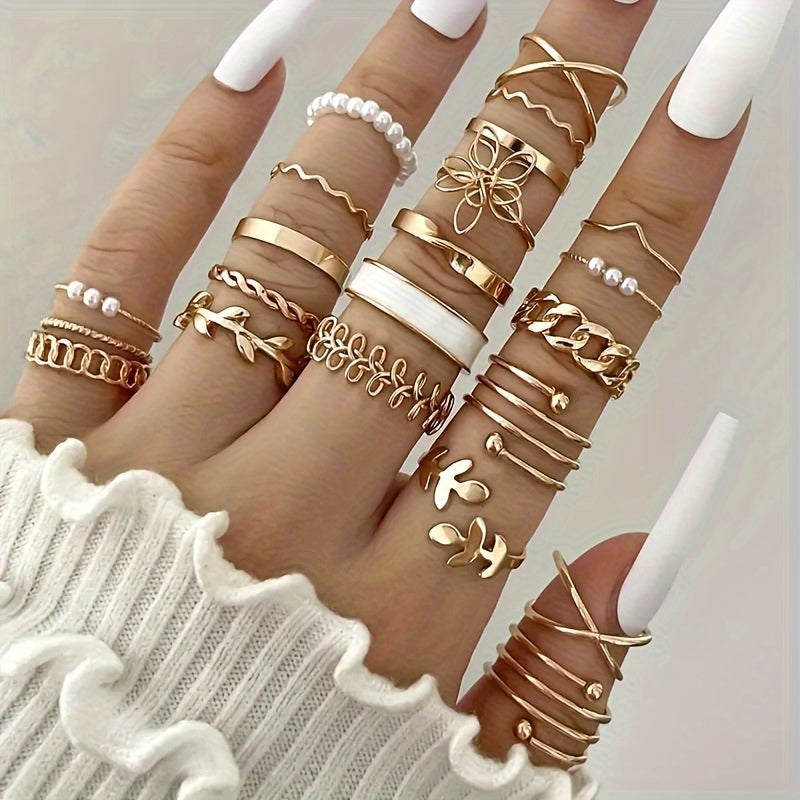 22pcs/Set Simple Elegant Style Stacking Rings Leaf Flower Design Mix And Match Daily Clothing Golden Or Silver Jewelry