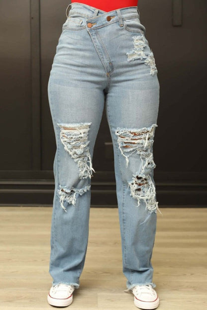 lovwvol  - Blue Casual Solid Ripped Patchwork High Waist Regular Denim Jeans