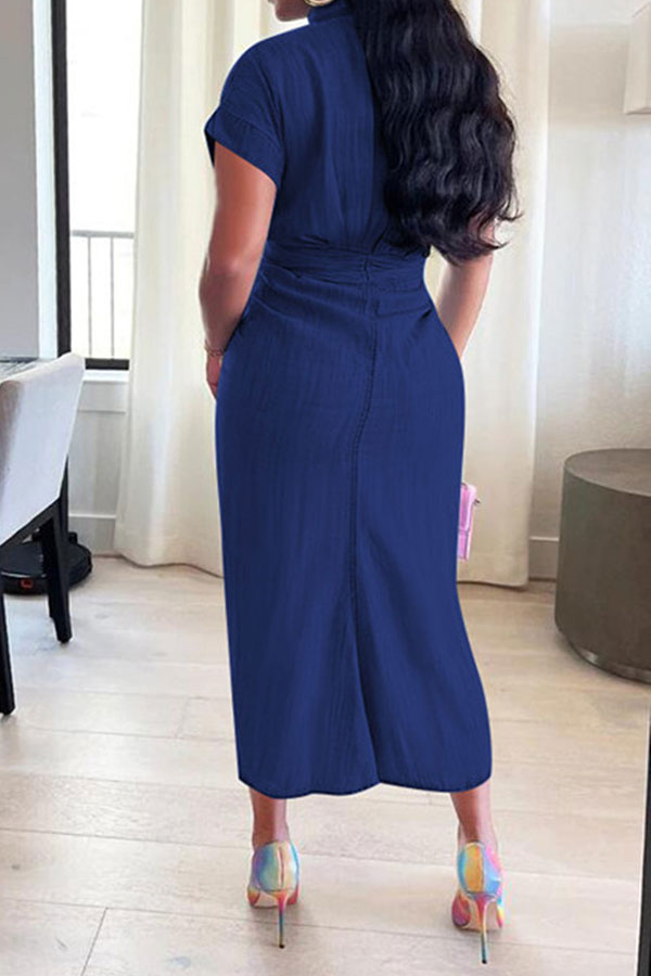 Solid Color Single Breasted On-trend Tie Front Ruched Denim Midi Dress