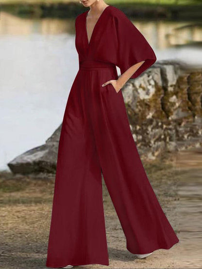 Simple Solid Color V-Neck Half Sleeves Wide Leg Jumpsuits