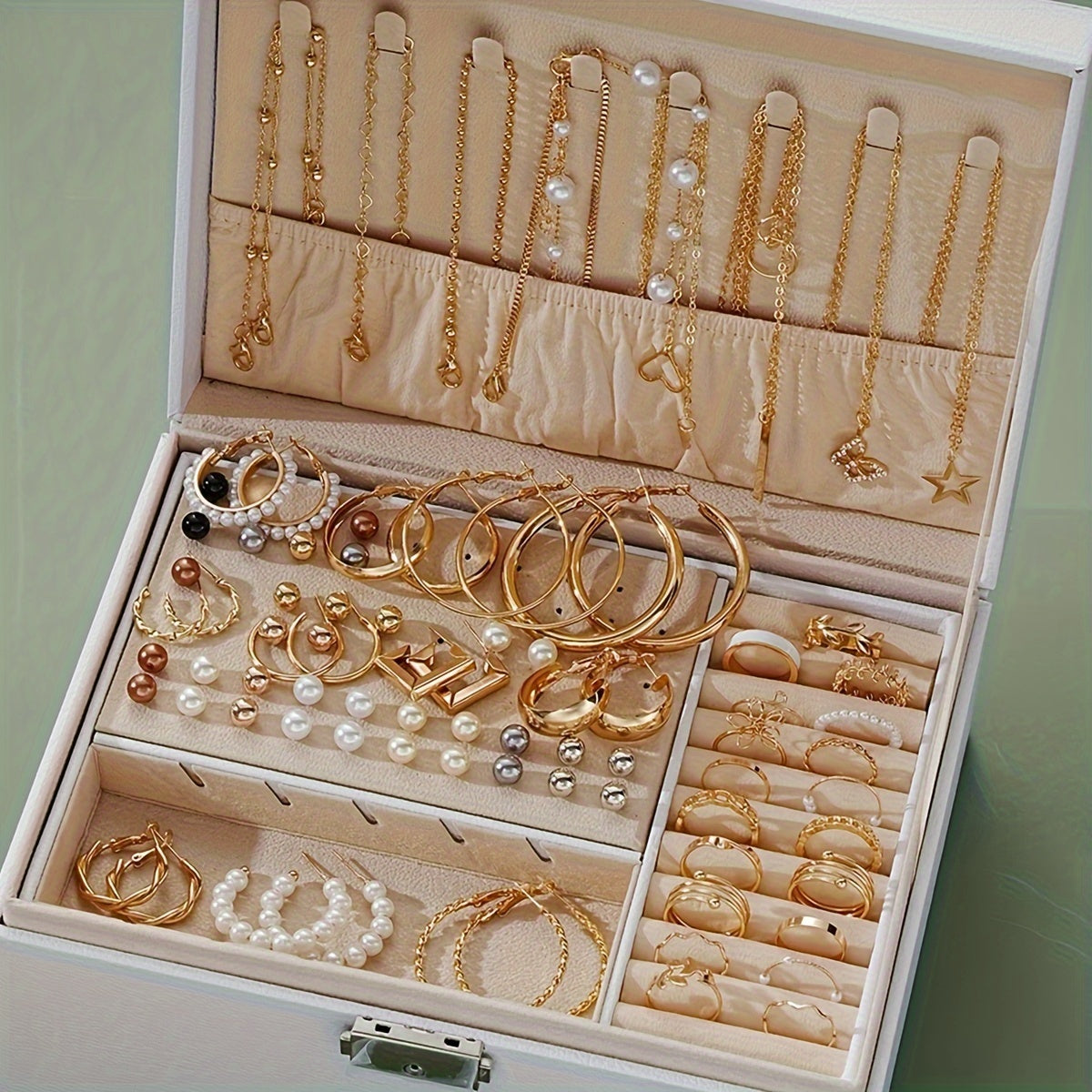 91-Piece Luxury Jewelry Set for Women - Exquisite Geometric, Heart, Floral, Butterfly, Star & Faux Pearl Earrings, Studs, Necklaces, Rings for Chic Vacation & Everyday Wear - Perfect Accessory Gift Set for Her