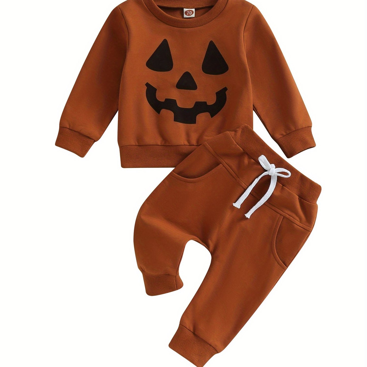 2-Piece Toddler Boys' Fall Outfit Set - Soft Pumpkin Face Print Crew Neck Long Sleeve Sweatshirts and Matching Long Pants - Halloween Themed Clothes for Boys - Comfortable and Adorable Autumn Wear for Daily Life and Special Occasions